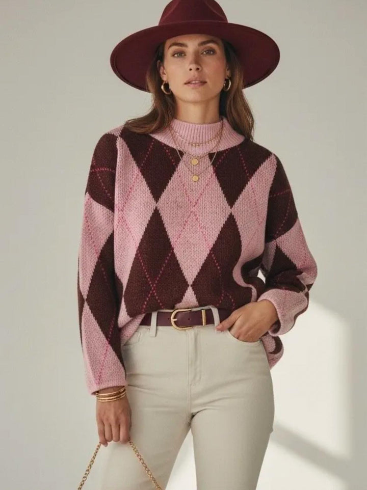 LADIES FASHION ARGYLE KNIT JUMPER - BERRY, PINK, GREY, PURPLE