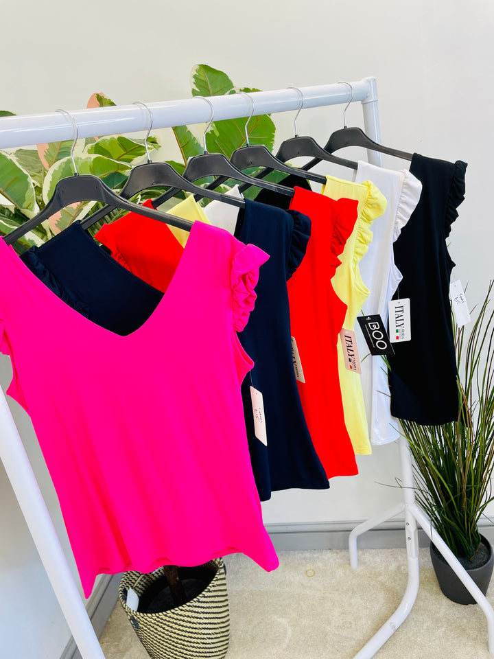 LADIES STRETCH FRILL CAP SLEEVE T TEE SHIRT TOP - 6 COLOURS
