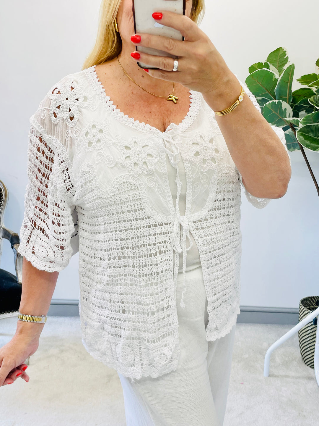 The YVONNE white crochet cardigan