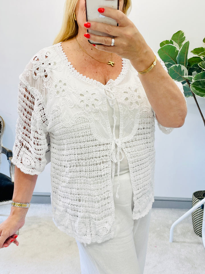 The YVONNE white crochet cardigan