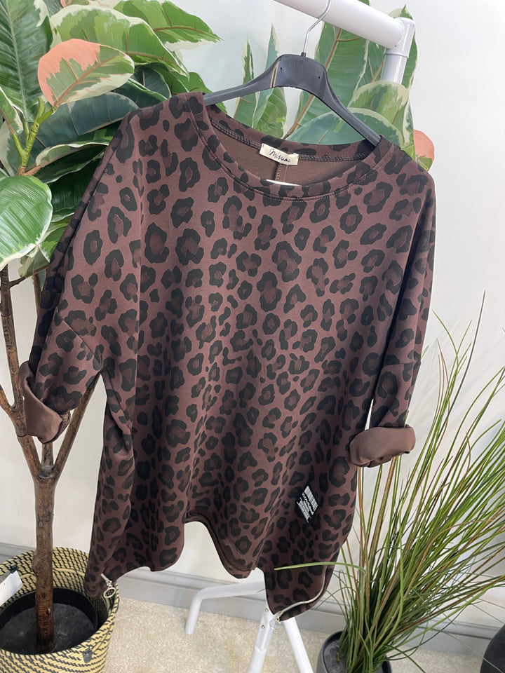 LADIES SCUBA ANIMAL PRINT SWEATSHIRT TOP - BROWN & BEIGE