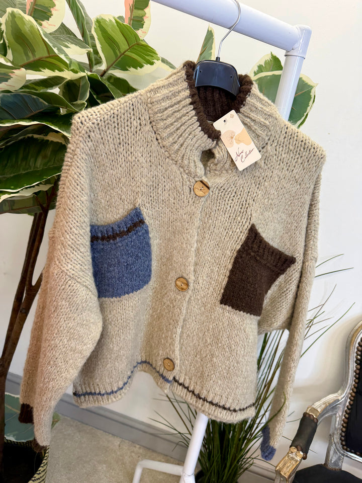 LADIES FUNKY CHUNKY KNIT TWO TONE CARDIGAN - MINT, BEIGE, ORANGE & LIME