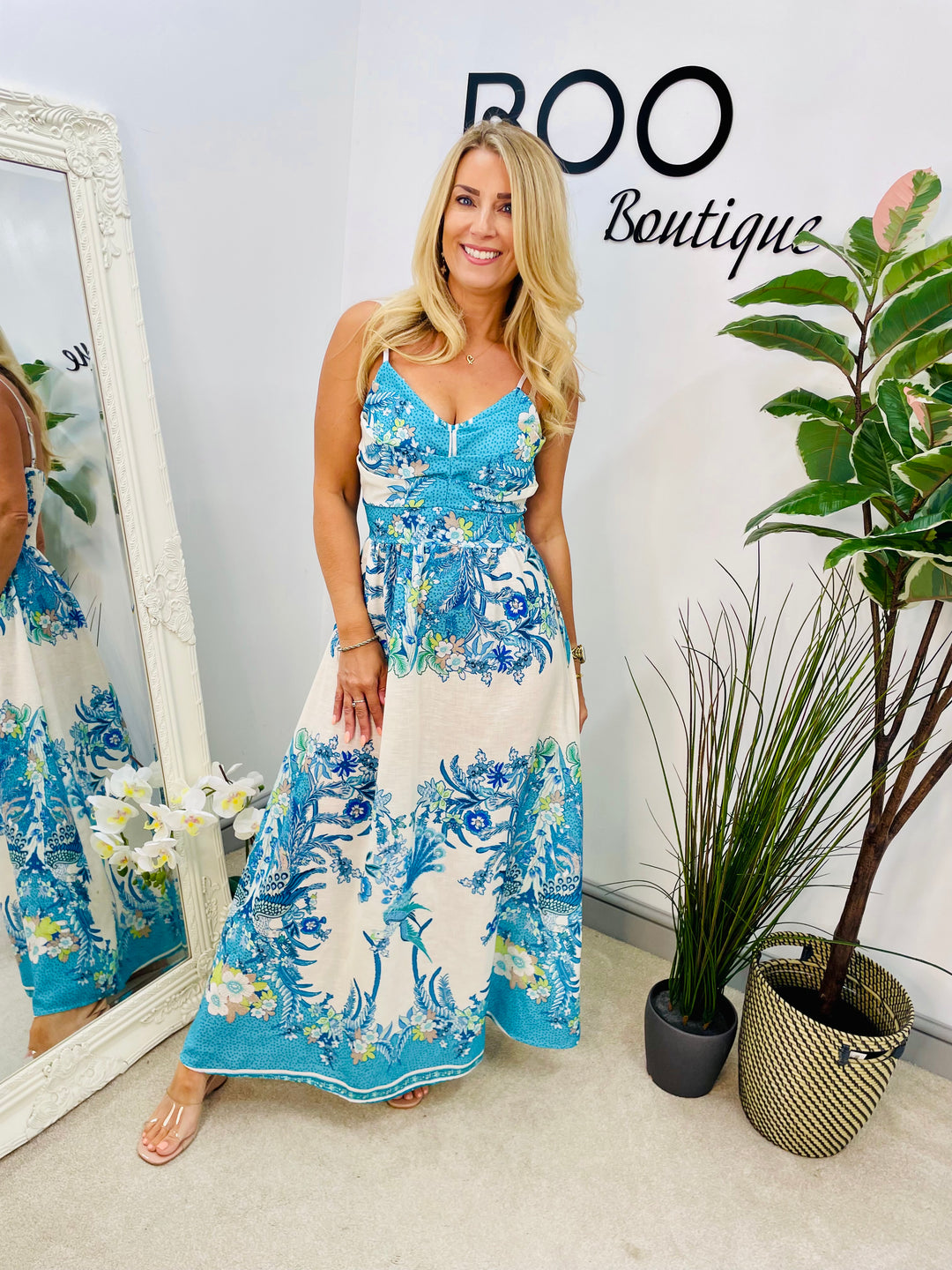 LADIES ORIENTAL PRINT SUMMER CAMI MAXI DRESS - PINK, BLUE & GREEN