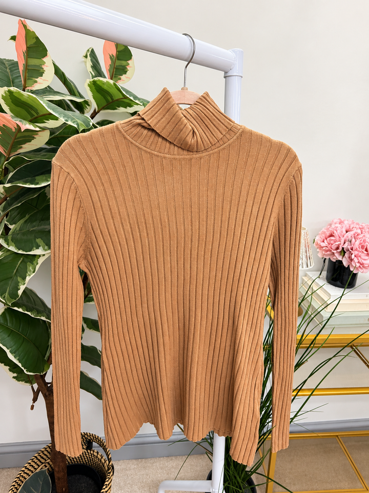 Women’s ribbed knit roll neck jumper camel