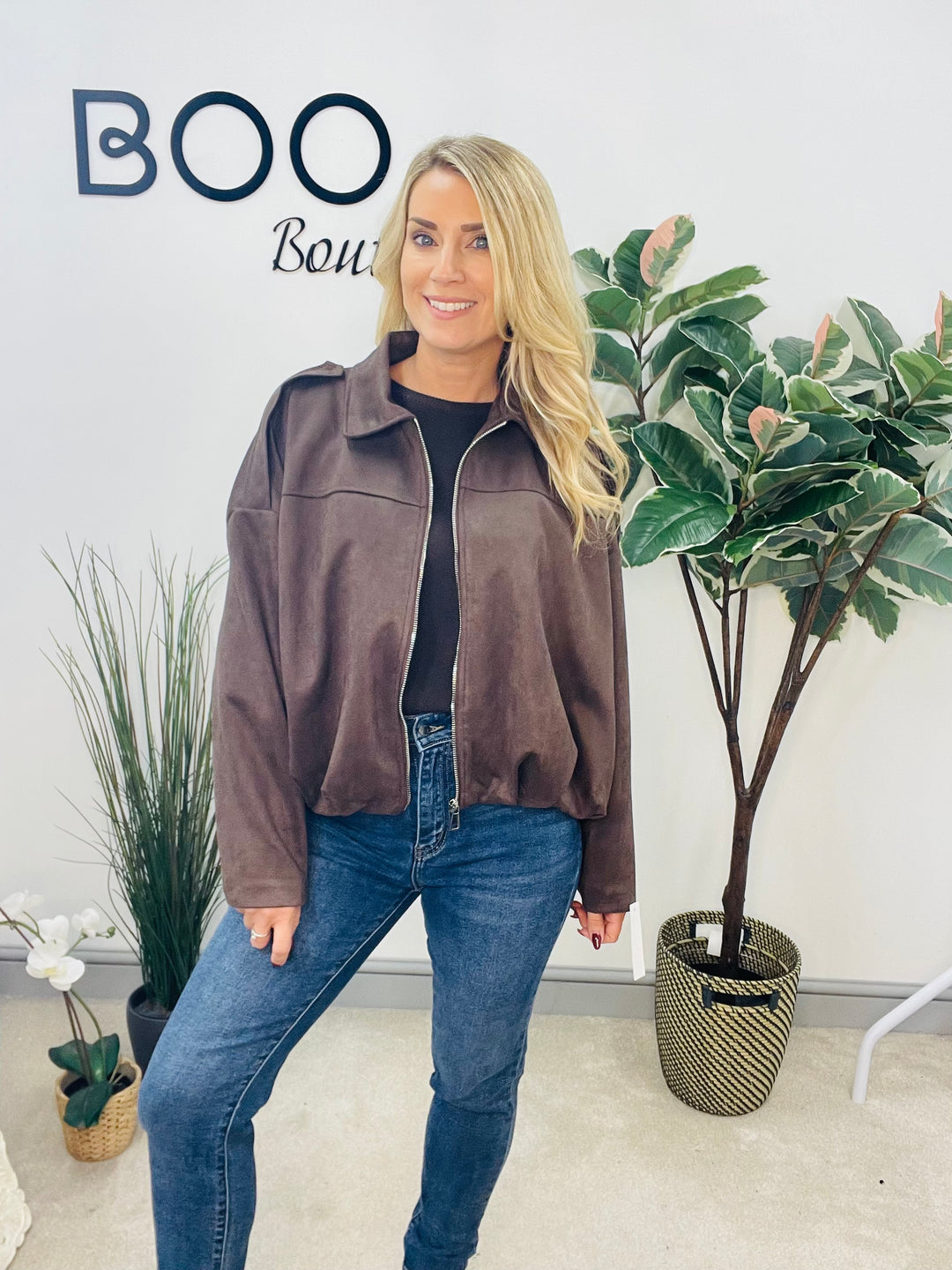 LADIES FASHION FAUX SUEDE BOMBER JACKET - BLACK, BEIGE, BROWN & BURGUNDY WINE