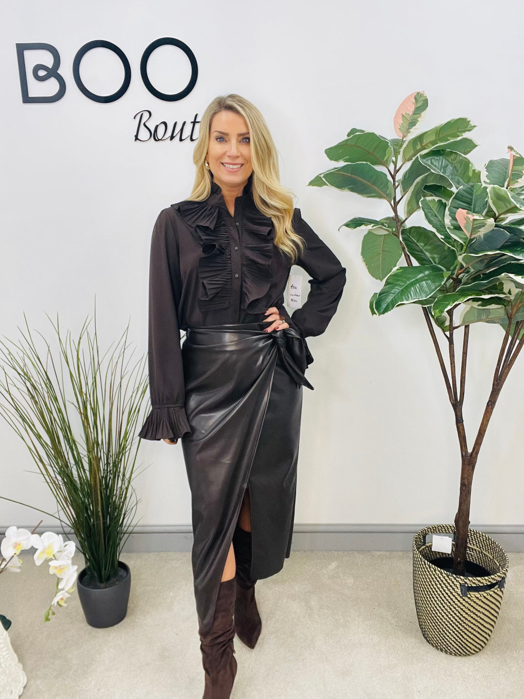 LADIES FAUX LEATHER PLEATHER VEGAN SKIRT - BLACK, BROWN & TAUPE