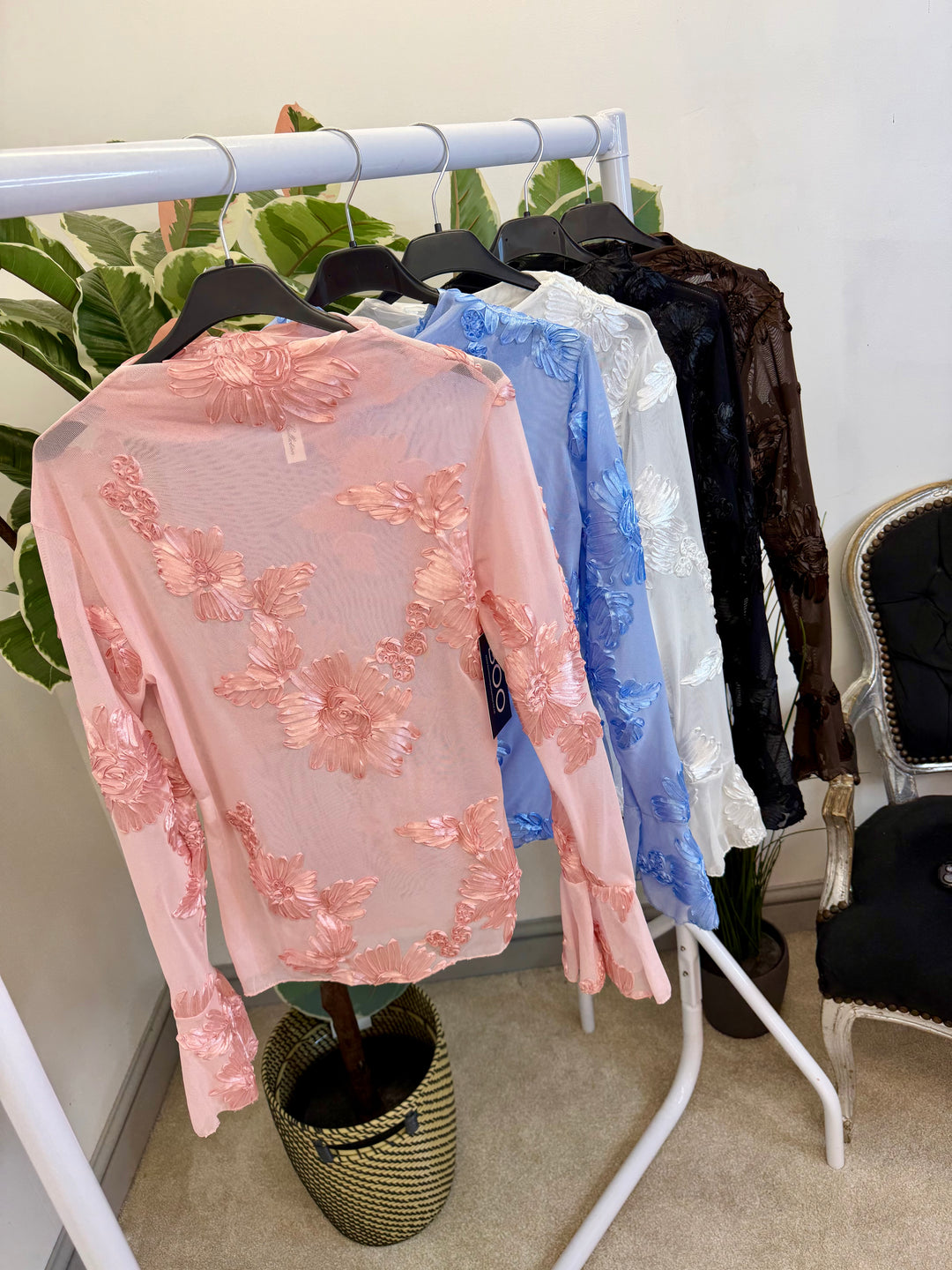 LADIES SHEER LACY TOP - BLUE, BLACK, WHITE, PINK & BROWN