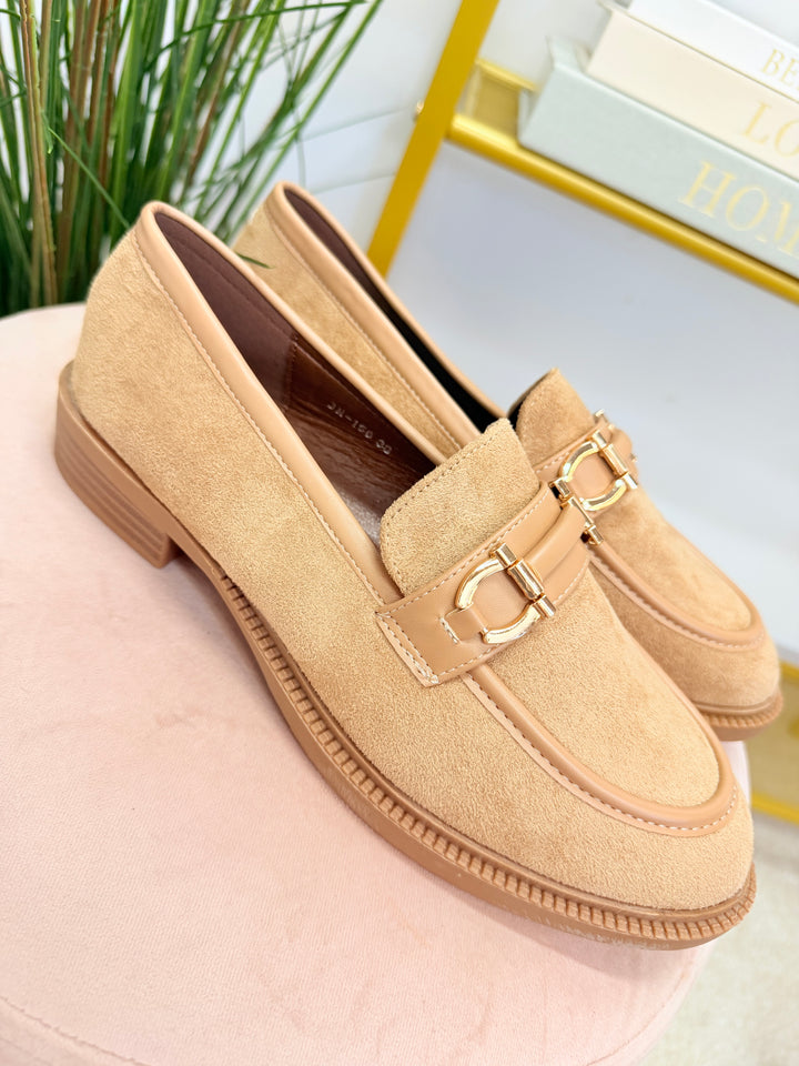 Ladies Fashion Camel Faux Suede Flat Loafer Shoes 