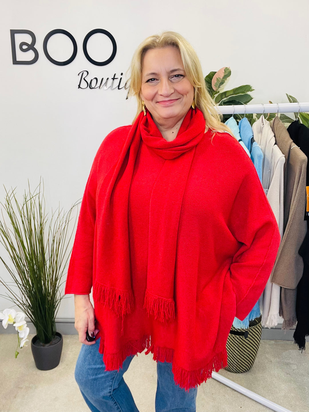 LADIES OVERSIZE JUMPER & SCARF SET RED