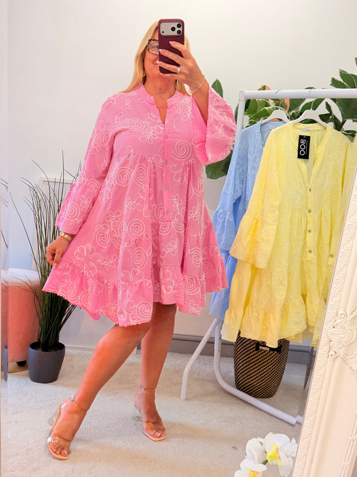 Ladies Cotton Swing Smock Summer Dress - pink, lemon, blue