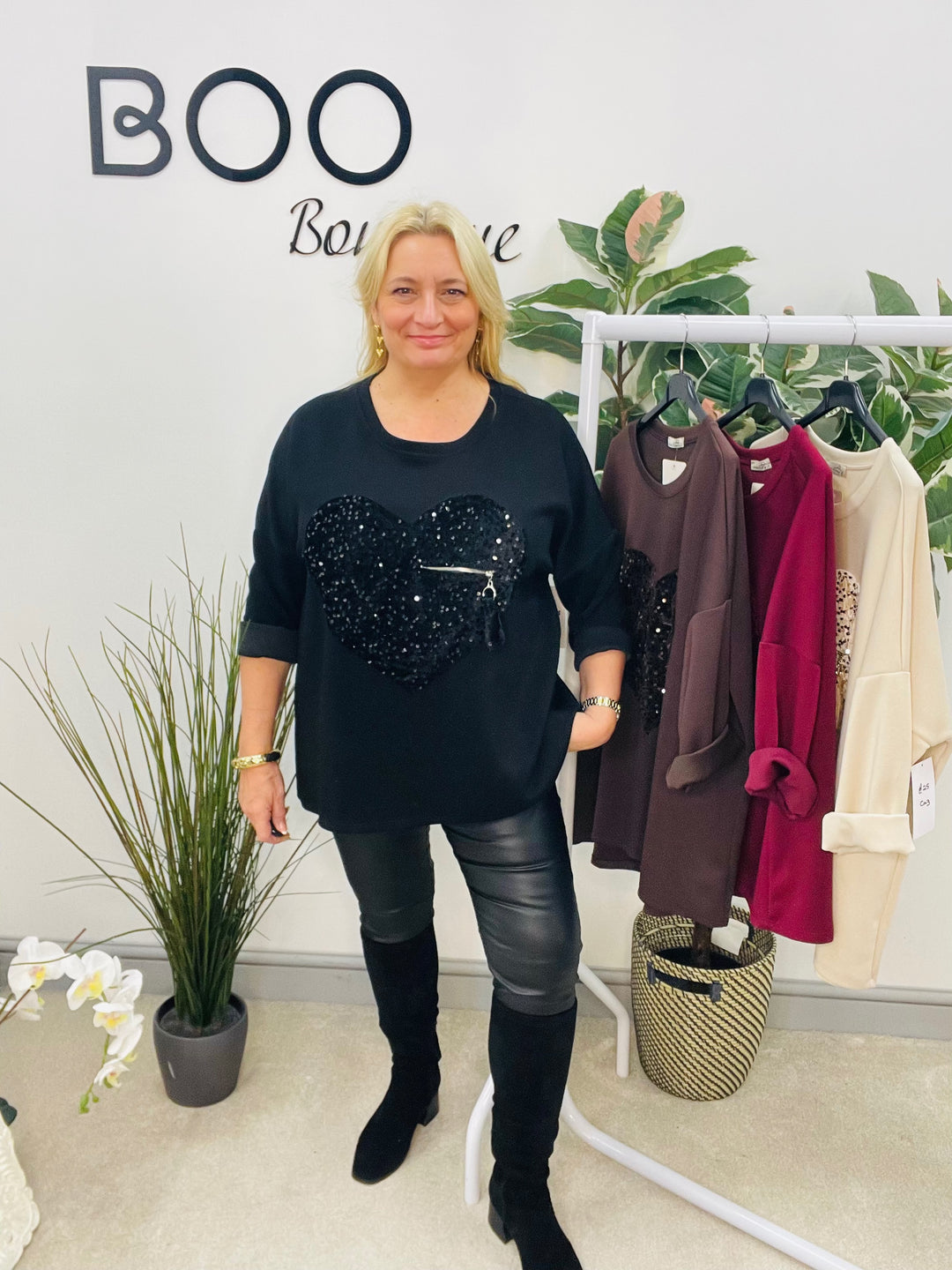 LADIES SCUBA SEQUIN HEART SWEATSHIRT TOP - BURGUNDY, BLACK, BROWN, BEIGE