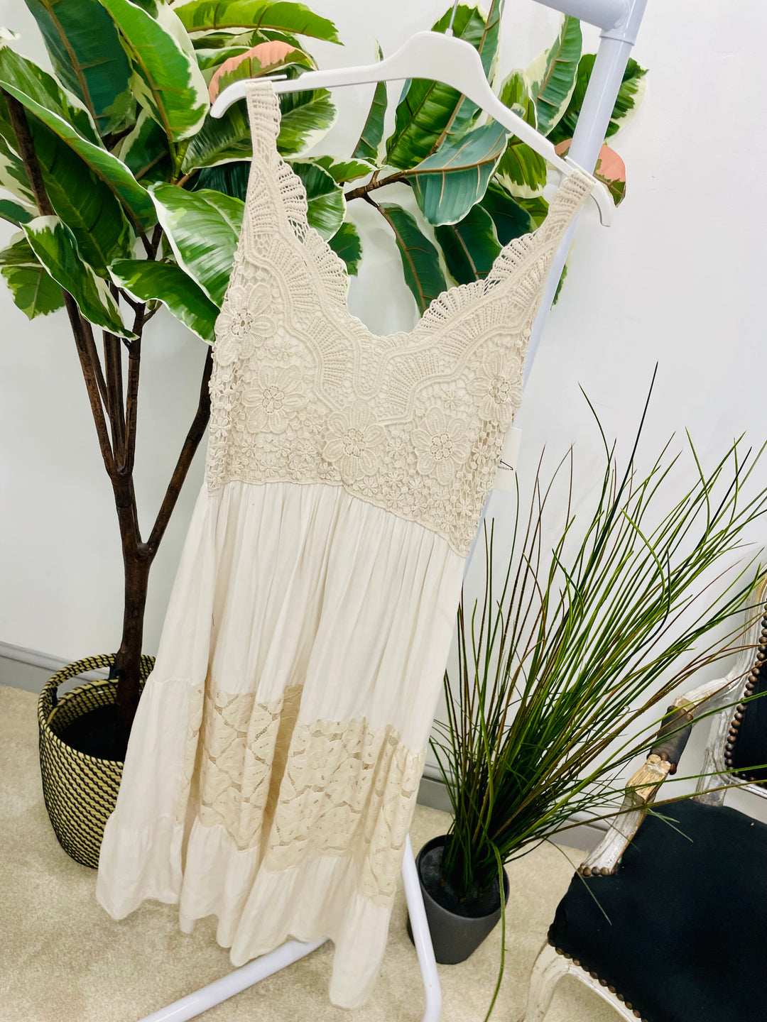 LADIES CROCHET BOHO FEMININE PRETTY SUMMER DRESS - BEIGE, WHITE & BROWN