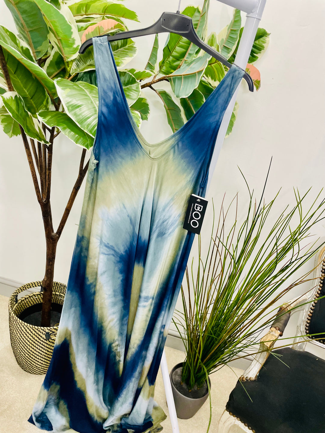 LADIES STUNNING TIE DYE SUMMER MAXI DRESS - NAVY, LIME & BROWN
