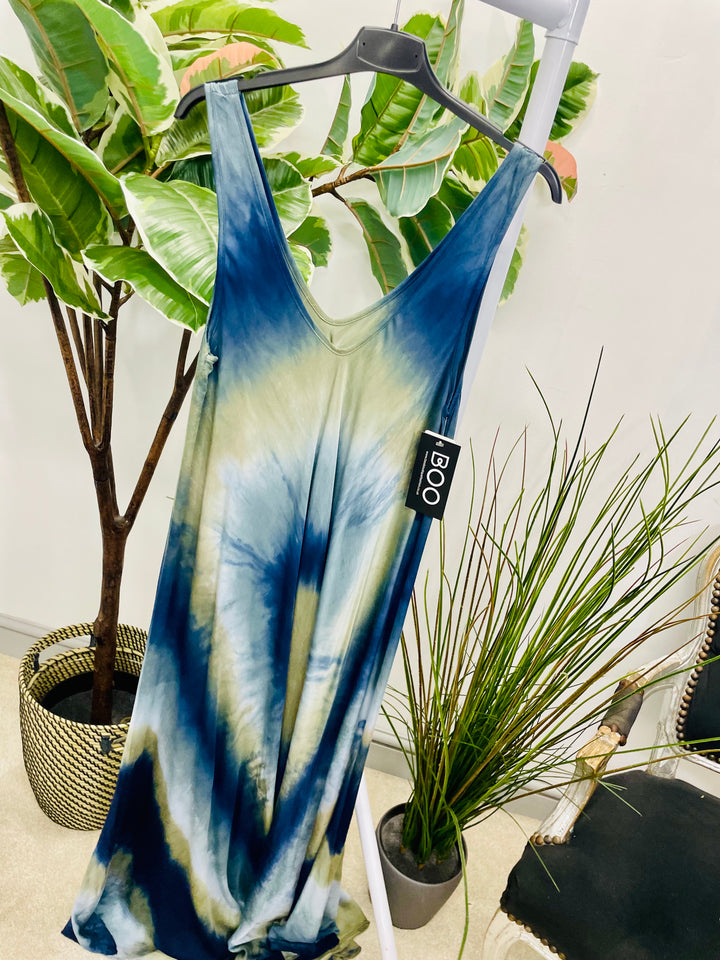 LADIES STUNNING TIE DYE SUMMER MAXI DRESS - NAVY, LIME & BROWN