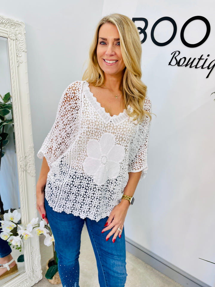 LADIES WOMENS WHITE CROCHET SUMMER TOP