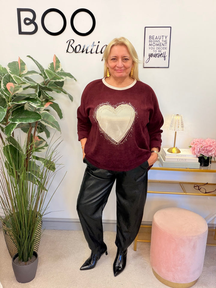 Women’s cord oversize heart motif top burgundy wine