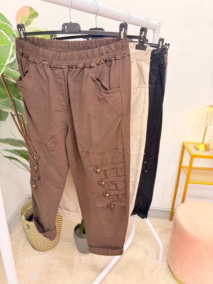 Ladies Fashion Military Magic Stretch Trousers - Black, Brown, Khaki & Beige