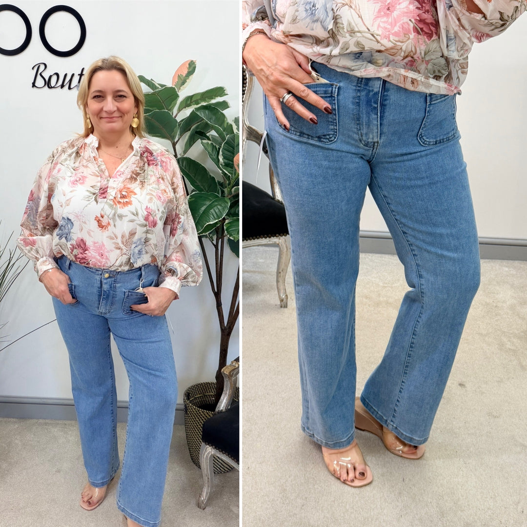 Ladies Fashion Blue Denim Straight Leg Front Pocket Jeans