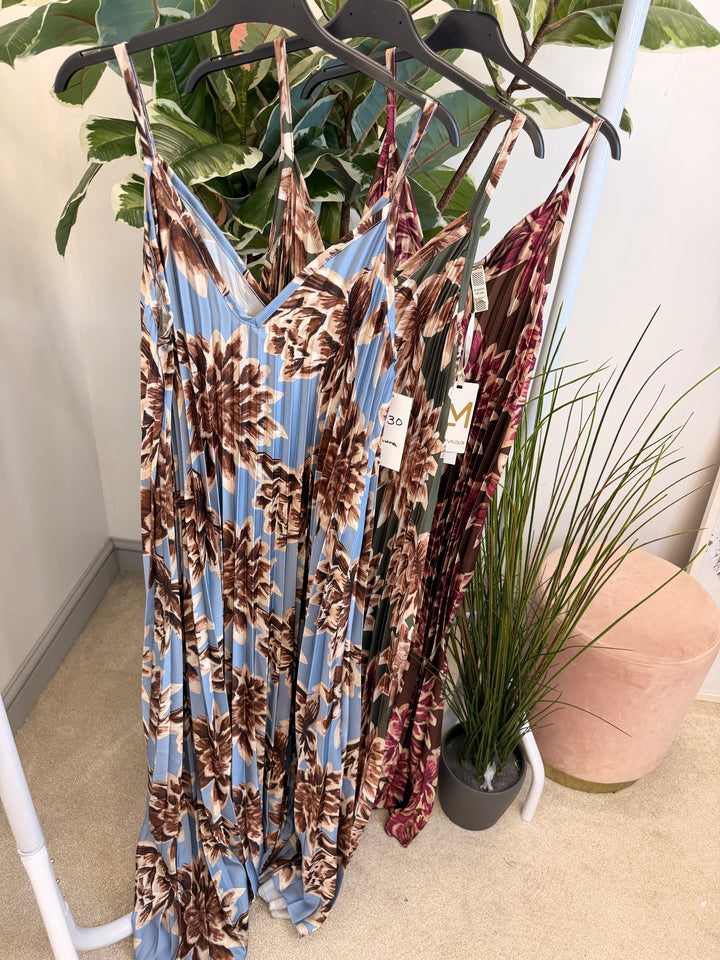Ladies Pleated Satin Summer Maxi Dress - Brown, Khaki & Blue