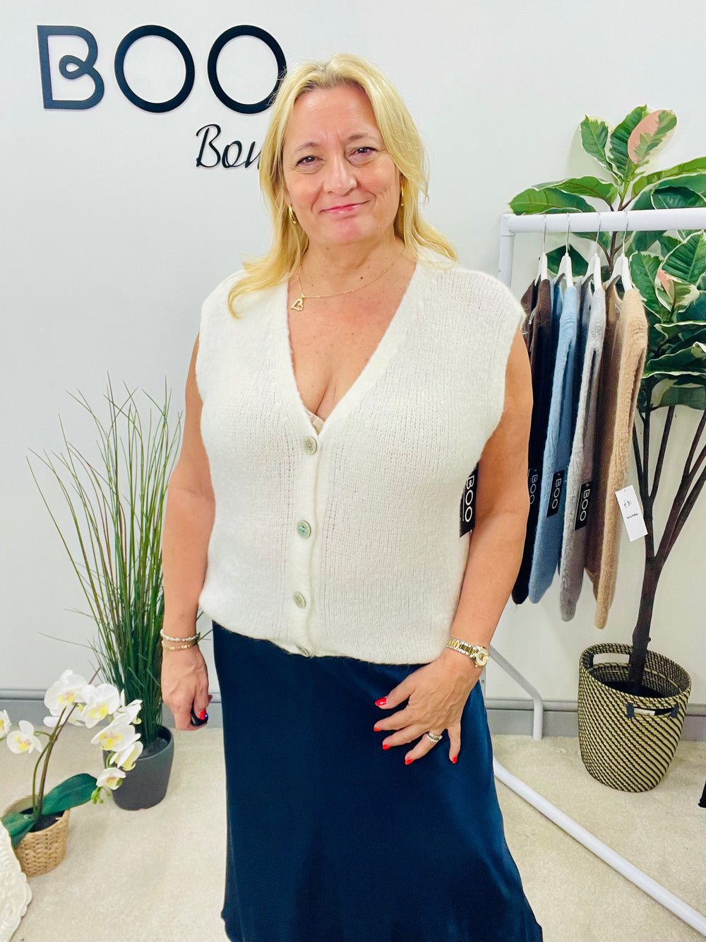 LADIES KNITTED WAISTCOAT - WHITE, BLUE, GREY, CAMEL & BROWN