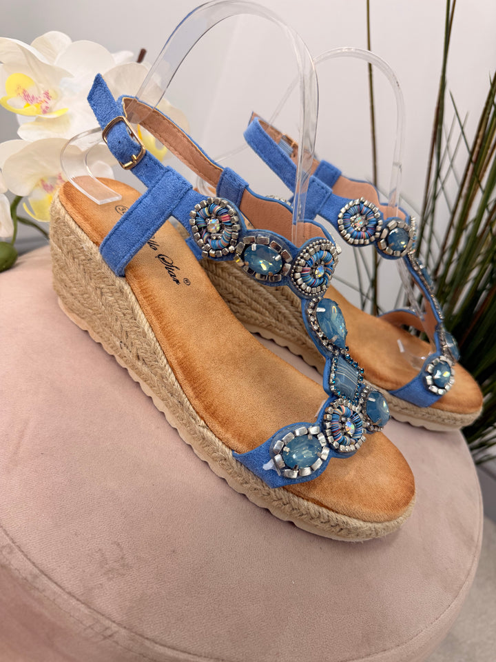 Ladies Fashion Denim Blue Jewelled Mid Wedge Heel Sandals
