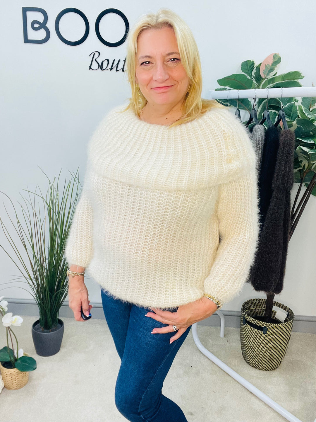 LADIES FLUFFY BARDOT JUMPER - NAVY, BLACK, WINE, MOCHA, BROWN, CREAM