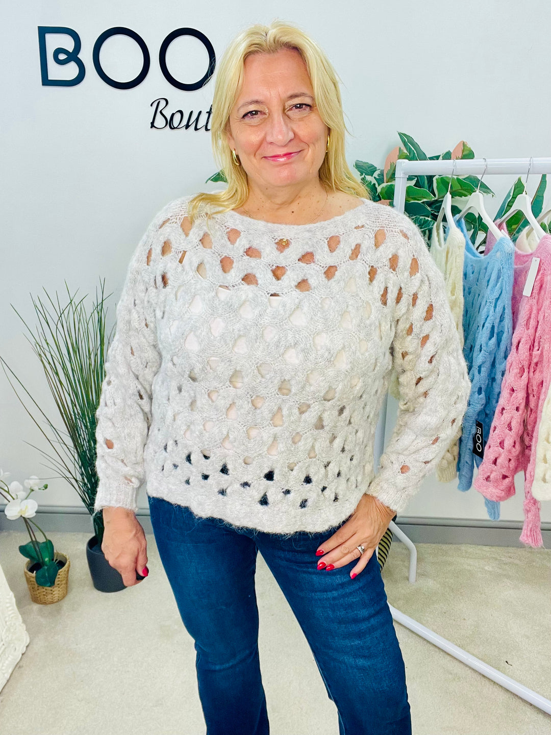 LADIES HOLEY BOX STYLE JUMPER - BLUE, BEIGE, CREAM, PINK & GREY