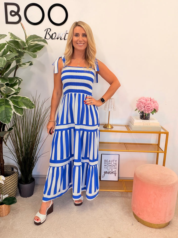 Ladies Candy Stripe Summer Sun Maxi Dress - Royal Blue, Navy & Red
