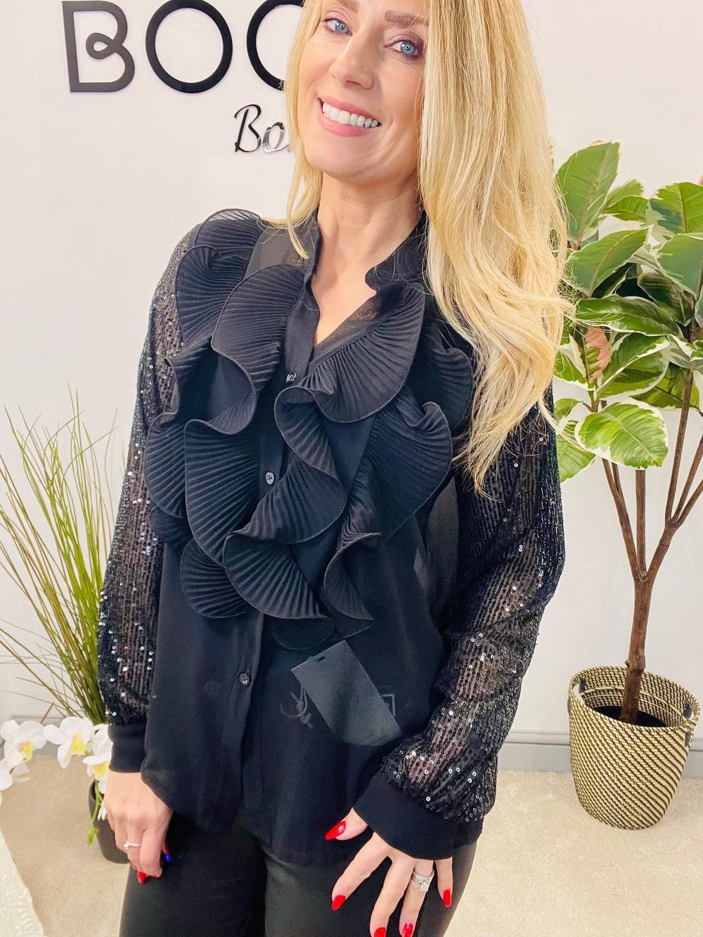 LADIES SEQUIN ARM FRILL BLOUSE - BLACK, SILVER, BERRY, BEIGE & BROWN