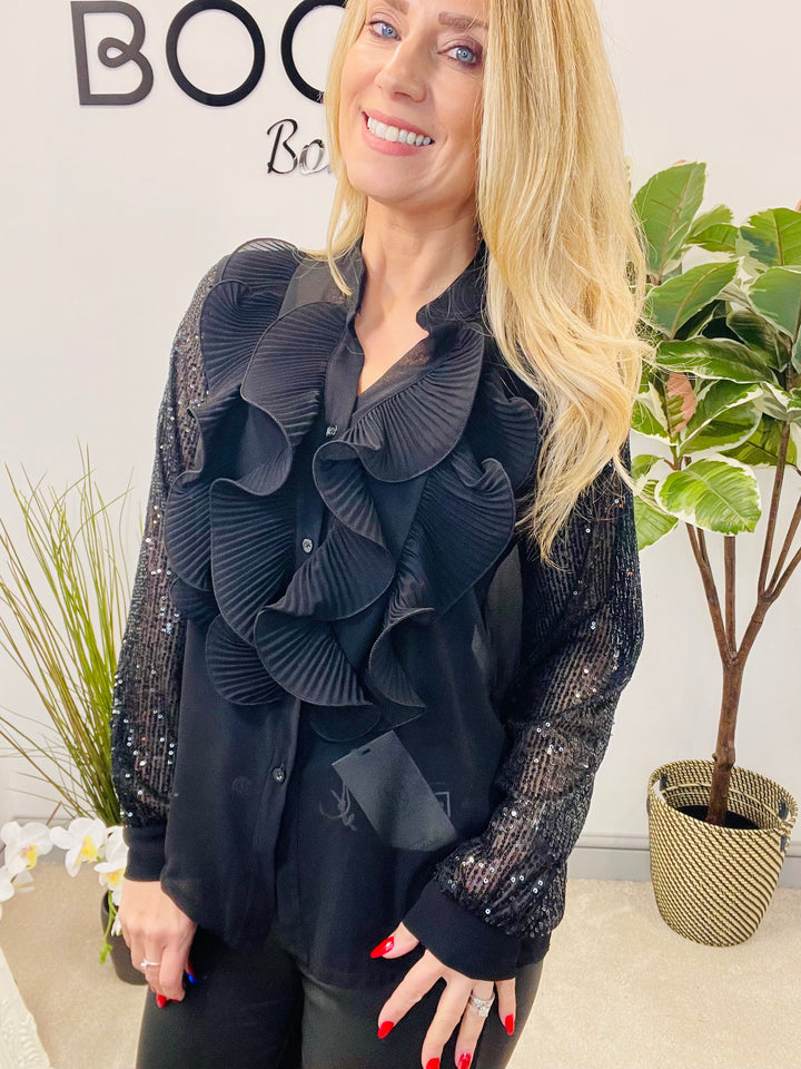 LADIES SEQUIN ARM FRILL BLOUSE - BLACK, SILVER, BERRY, BEIGE & BROWN