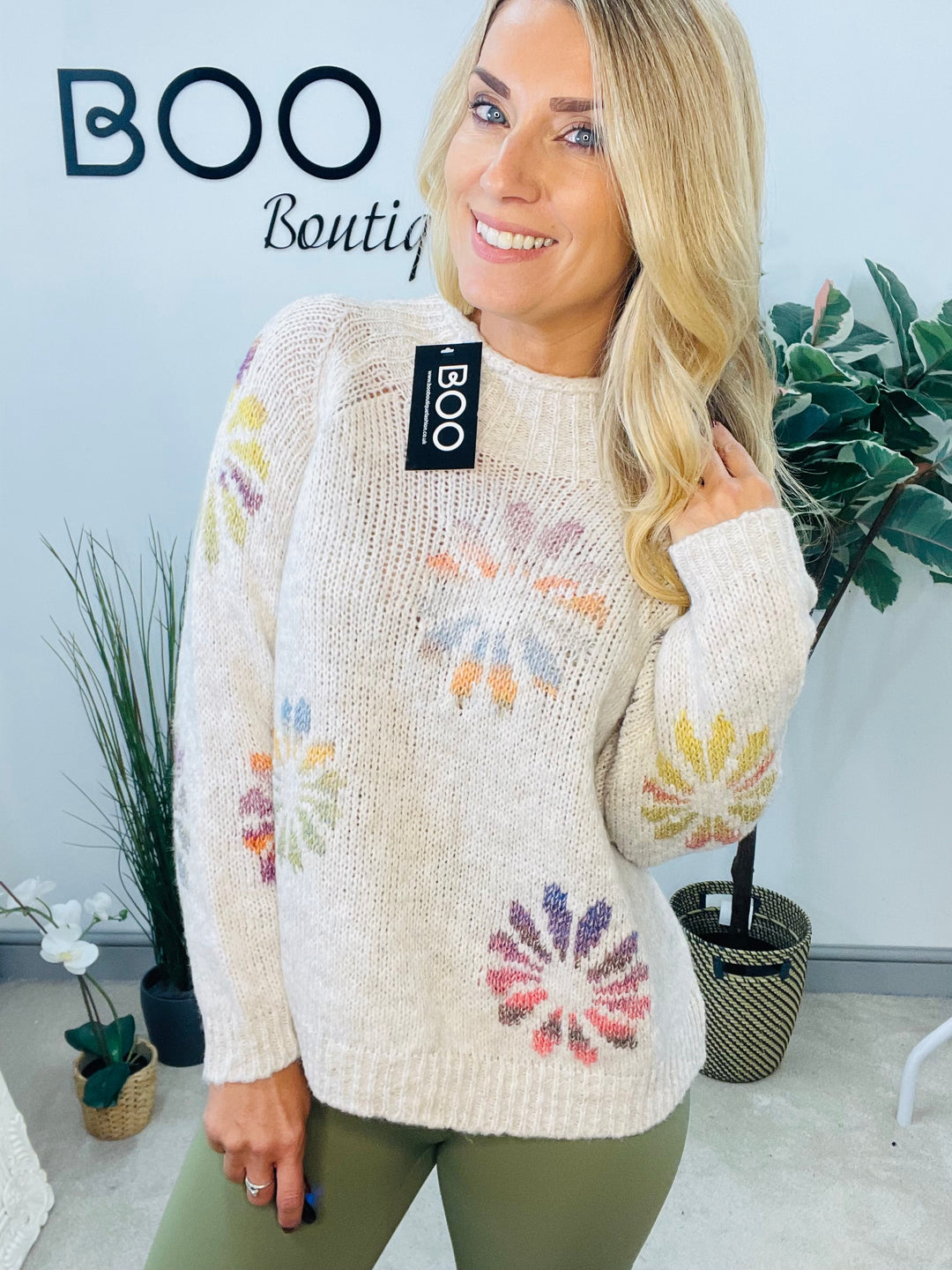 LADIES CONTRAST KNIT JUMPER - PINK, KHAKI & BEIGE