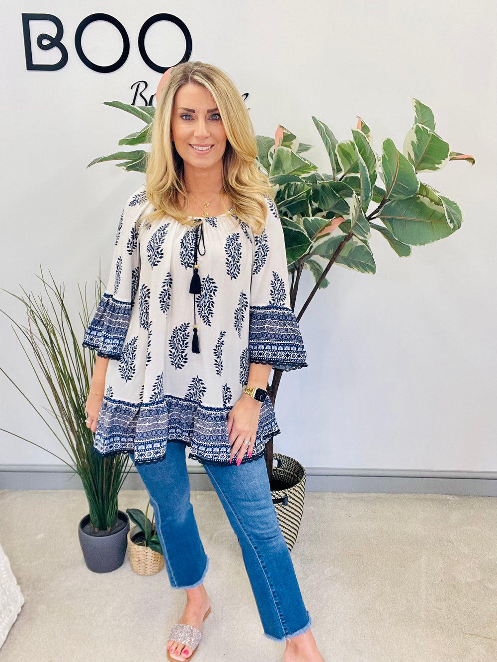 LADIES WOMENS NAVY & WHITE PAISLEY PRINT SMOCK SUMMER HOLIDAY TOP BLOUSE