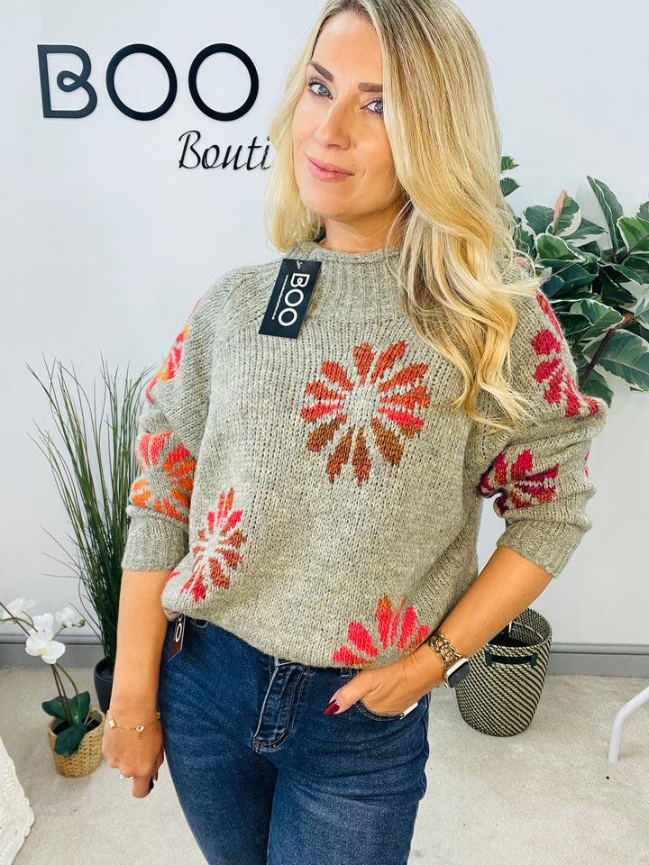LADIES CONTRAST KNIT JUMPER - PINK, KHAKI & BEIGE