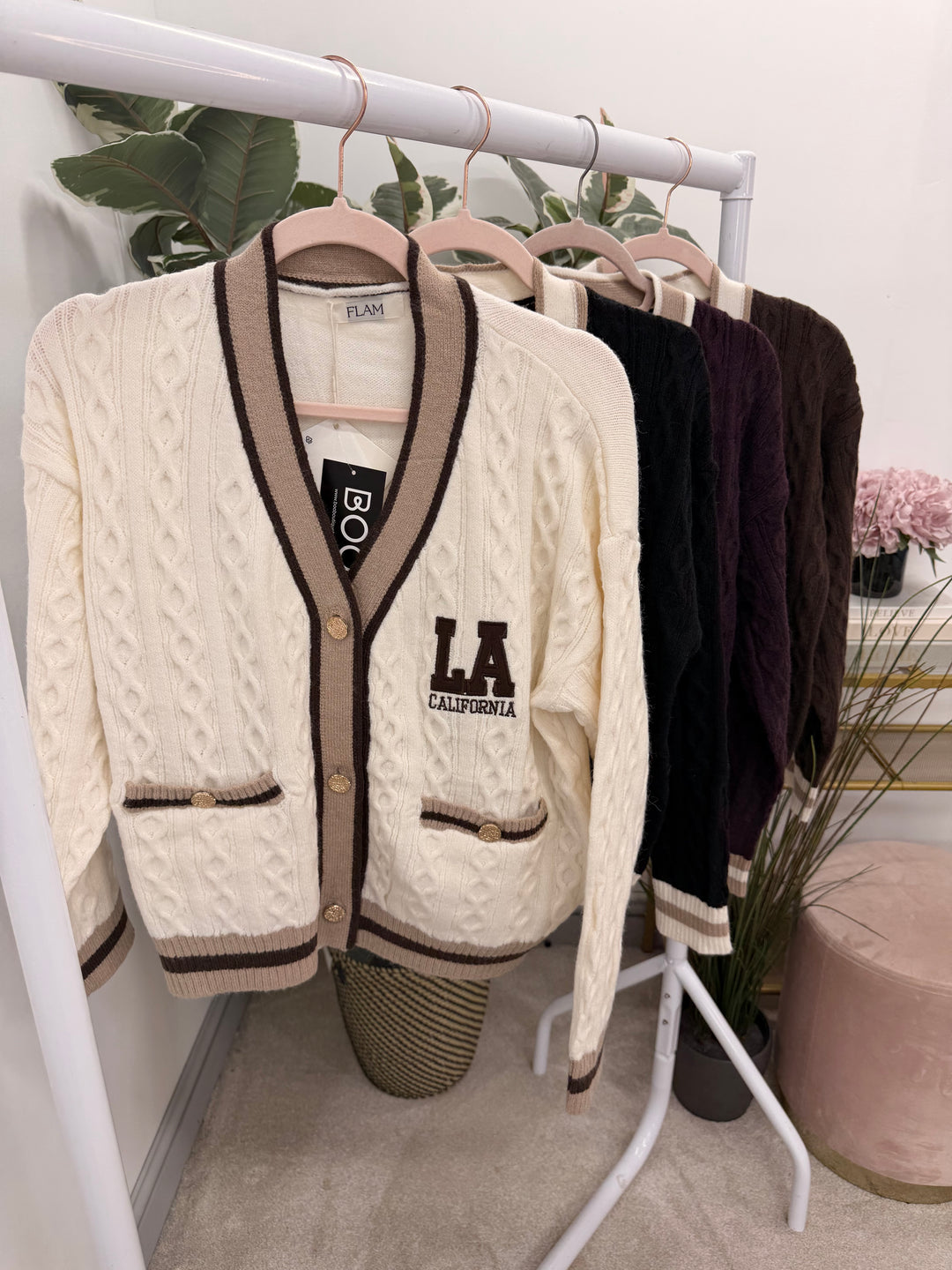Womens Cable Knit Cricket Cardigan - Cream, Brown, Plum & Black