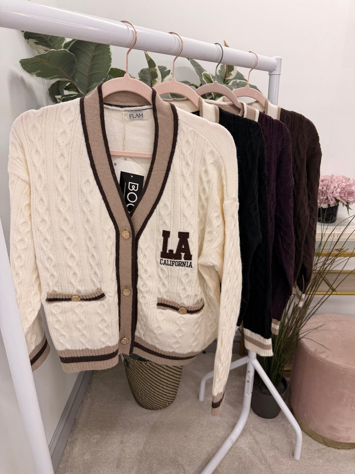 Womens Cable Knit Cricket Cardigan - Cream, Brown, Plum & Black