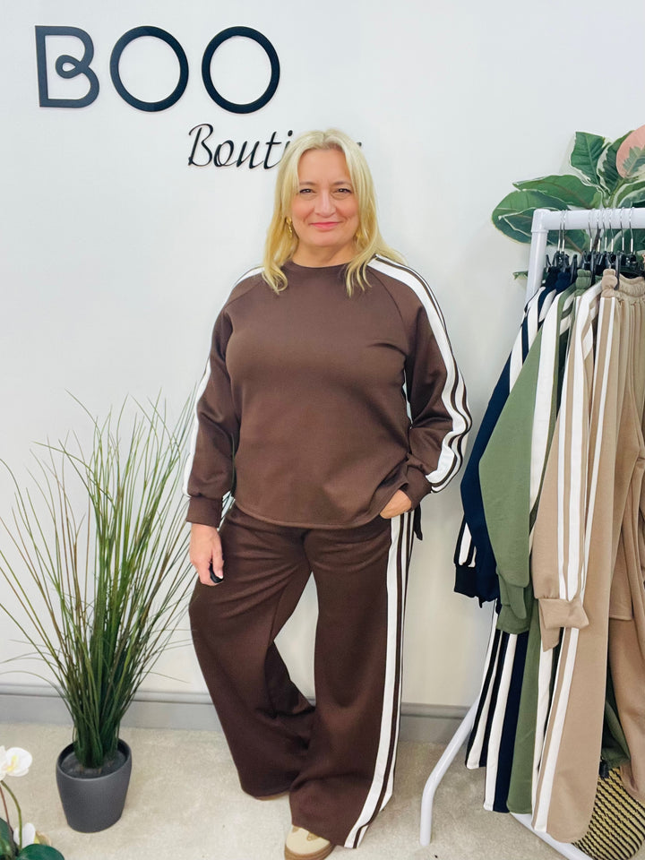 LADIES SPORTS LUXE STRIPE TROUSER CO ORD SET - BLACK, NAVY, KHAKI, MOCHA, BROWN