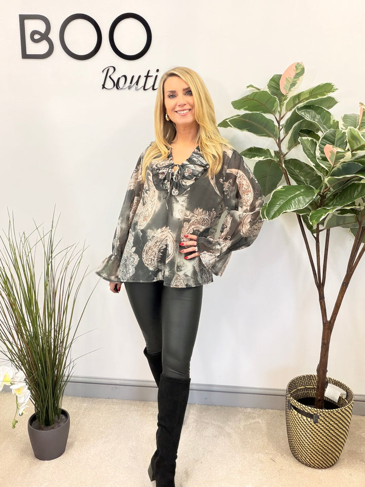 LADIES COTTON PAISLEY PRINT FLOATY BLOUSE - PINK, BEIGE, BLUE, BLACK, MOCHA