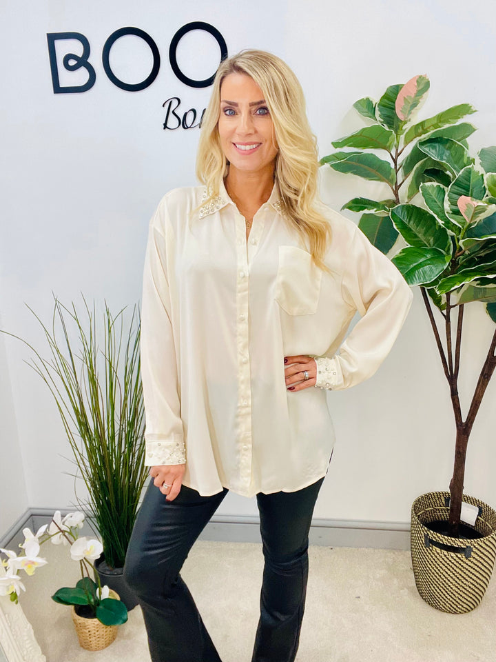 LADIES SILKY PEARL DIAMANTE SHIRT BLOUSE - CREAM & BLACK