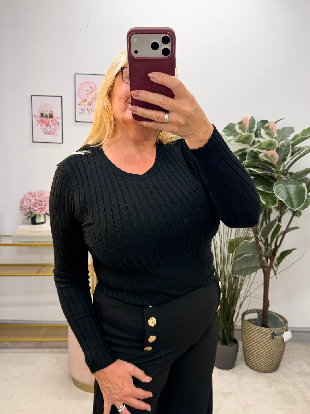 Ladies Fashion Staple Style Ribbed Stretch Knit Long Sleeve Top - Black, Wine, Camel, White & Brown
