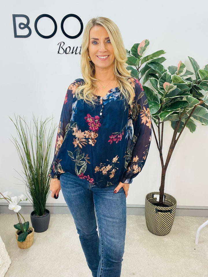 LADIES CHIFFON FLORAL PRINT BLOUSE - BROWN, NAVY, BLACK & WINE BURGUNDY