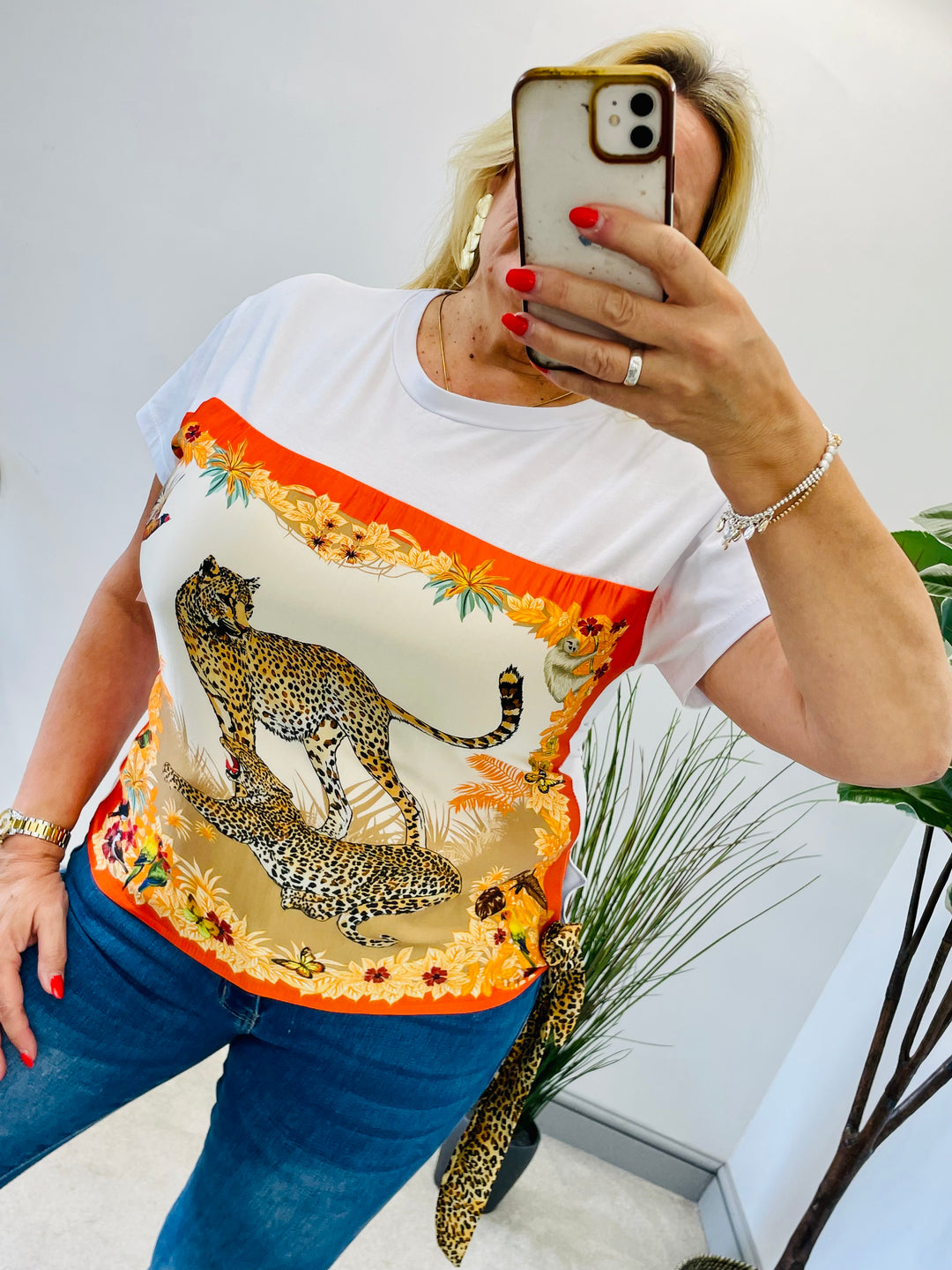 LADIES WHITE JUNGLE PRINT TEE SHIRT - ORANGE & GREEN