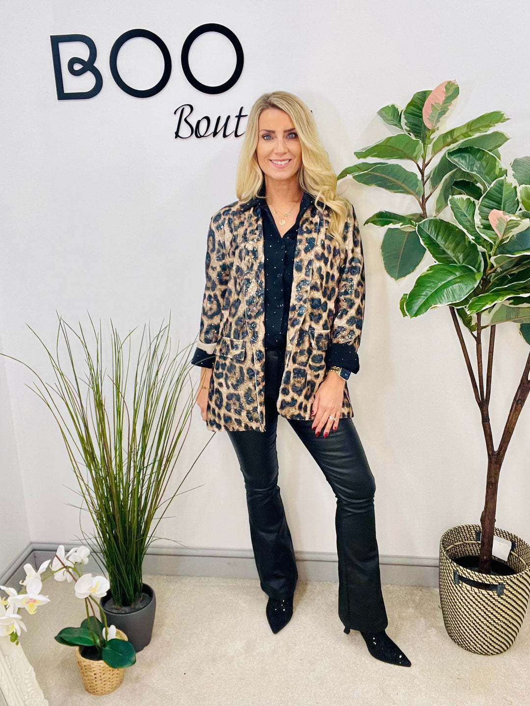 LADIES ANIMAL LEOPARD PRINT SEQUIN JACKET BLAZER