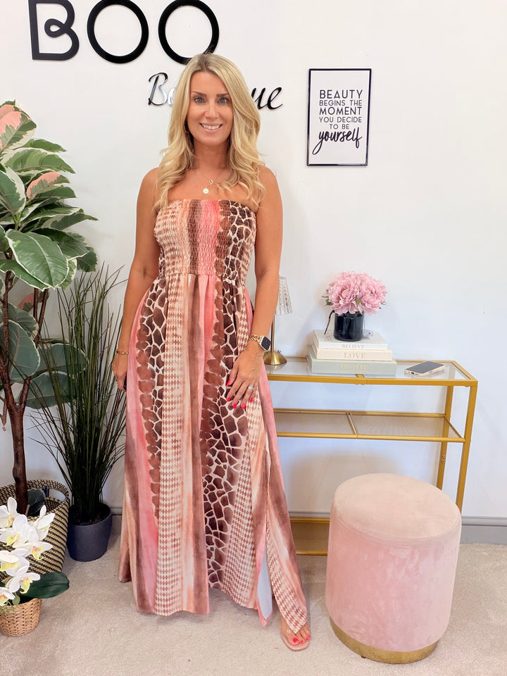 Ladies Summer Animal Print Bandeau Maxi Dress - Pink, Lilac, Blue & Black