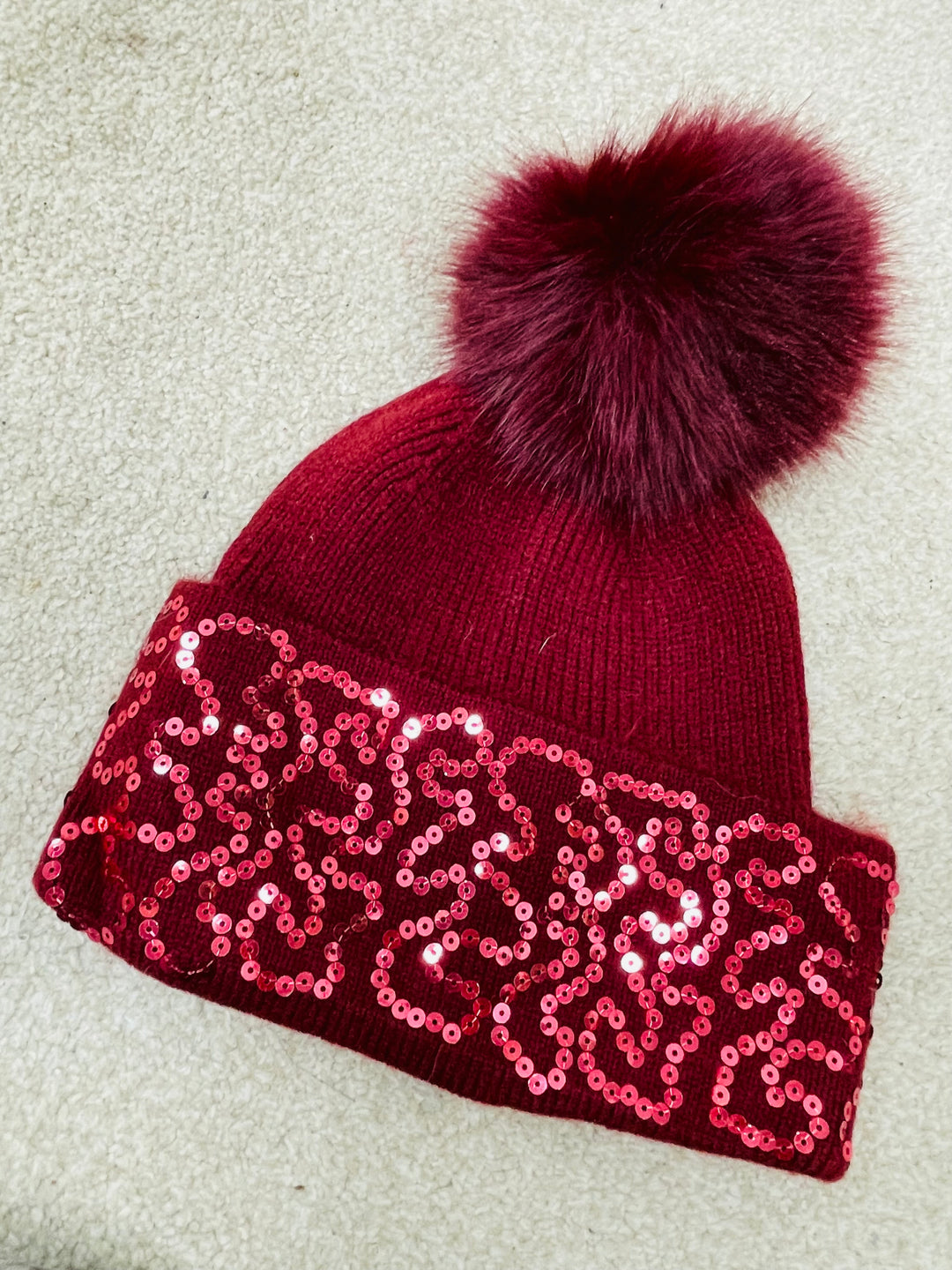 LADIES FAUX FUR DIAMANTE BOBBLE BEANIE HAT - BLACK, WINE, WHITE, BEIGE, BROWN