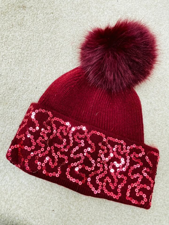 LADIES FAUX FUR DIAMANTE BOBBLE BEANIE HAT - BLACK, WINE, WHITE, BEIGE, BROWN