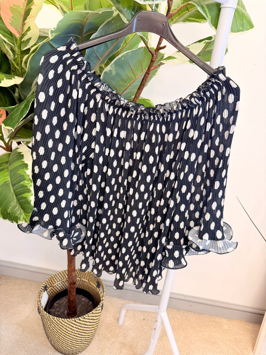 Ladies Pleated Polka Dot Bardot Top - White, Black, Navy & Beige