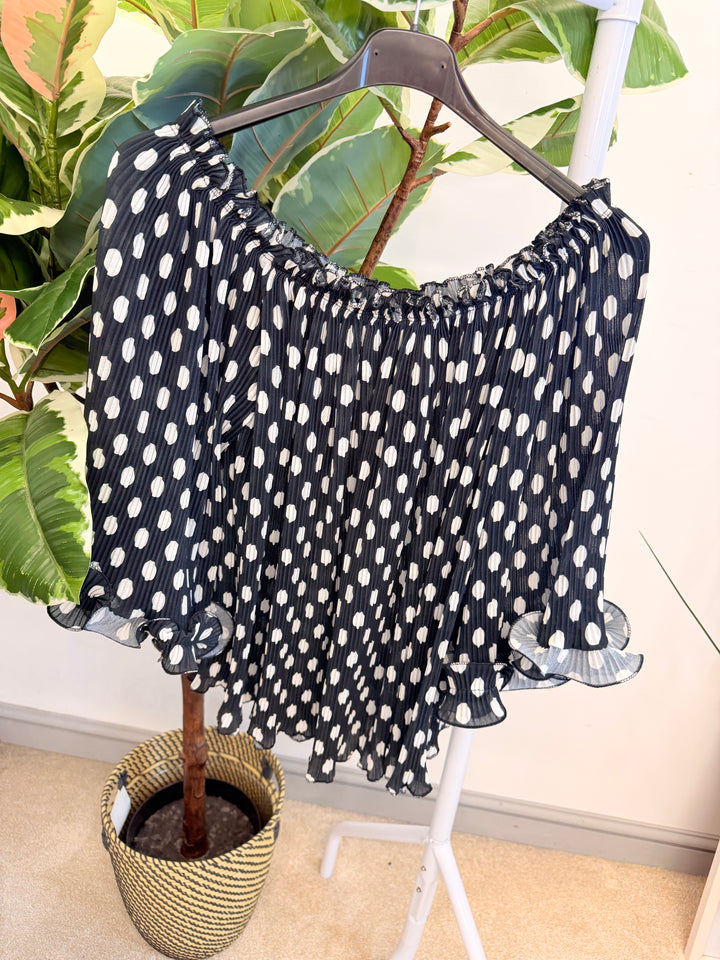 Ladies Pleated Polka Dot Bardot Top - White, Black, Navy & Beige