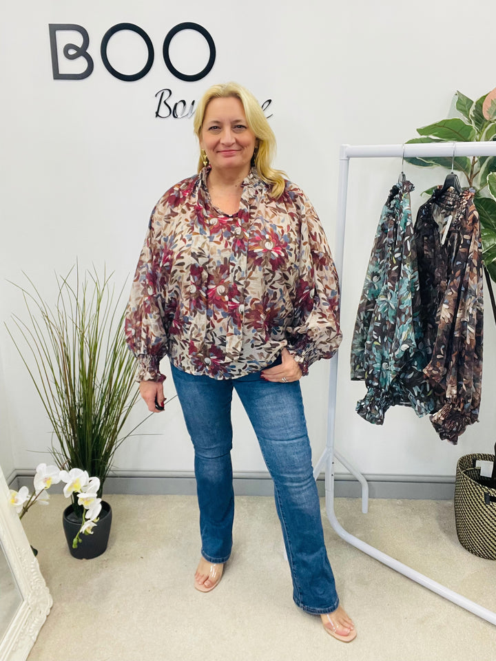 LADIES LEAF PRINT HIGH NECK BLOUSE - BEIGE, BROWN, TEAL