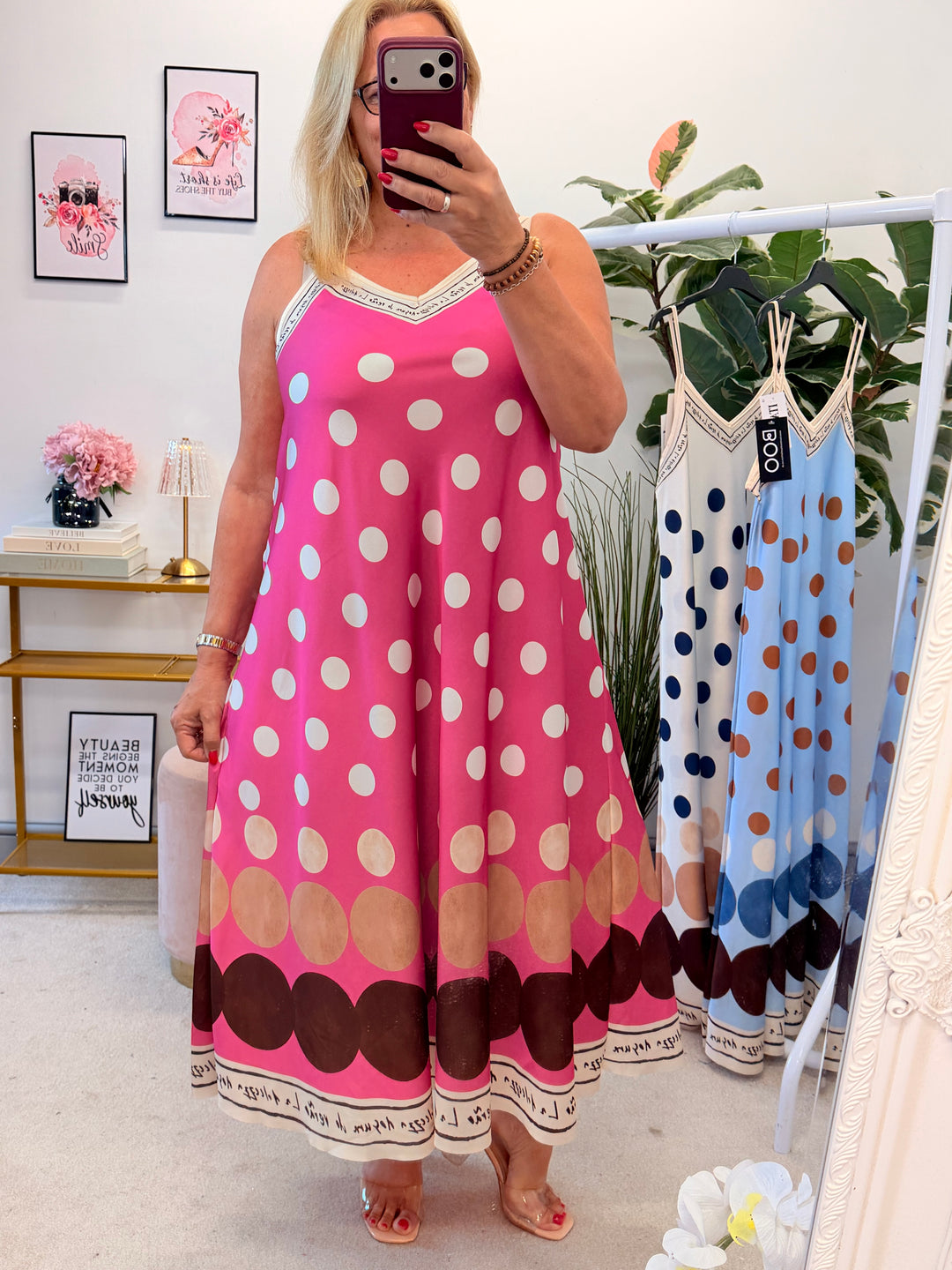 Ladies Polka Dot Satin Summer Cami Maxi Dress - Cream, Blue & Pink
