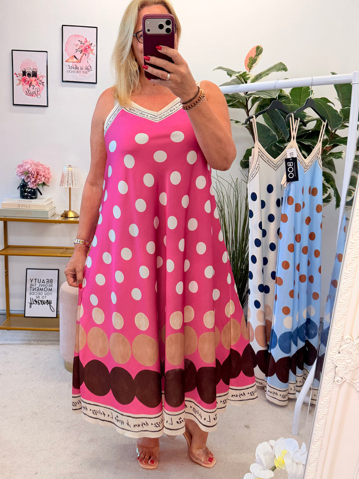 Ladies Polka Dot Satin Summer Cami Maxi Dress - Cream, Blue & Pink